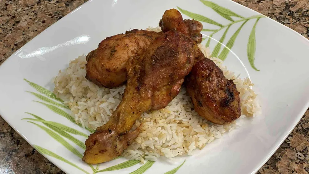 convection baked chicken on top of rice