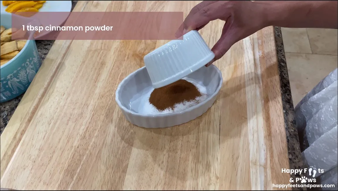 mixing sugar and cinnamon in a bowl for Banana Rum Rolls