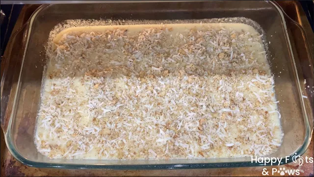 butter mochi in glassware prior to being baked in the oven