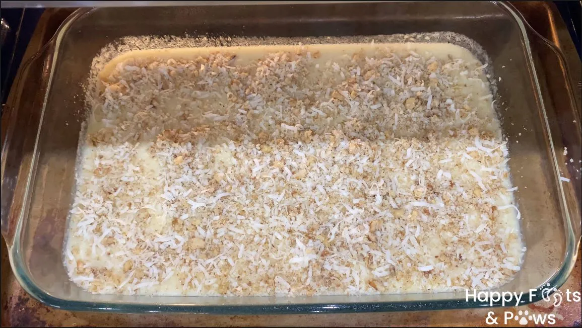 butter mochi in glassware prior to being baked in the oven