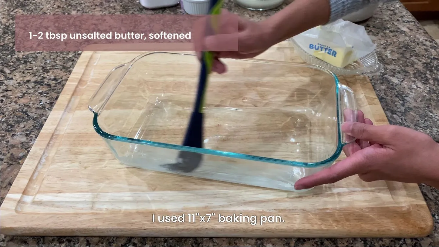 Lightly coating a serving dish with unsalted softened buttter