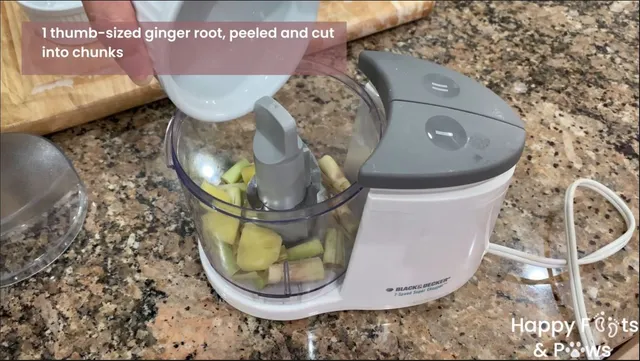 Adding ingredients to chopper for chicken inasal marinade