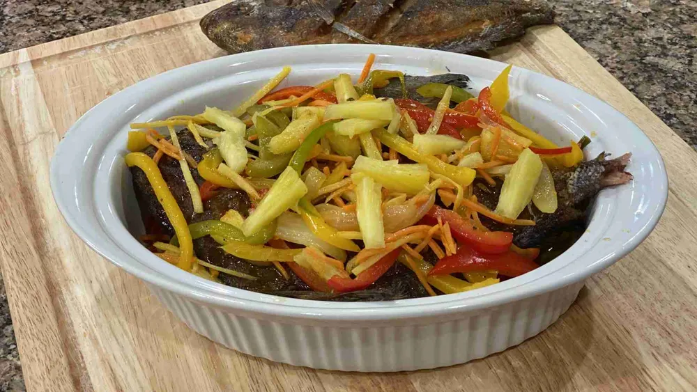Escabeche Isda or Sweet and Sour Fish in a bowl