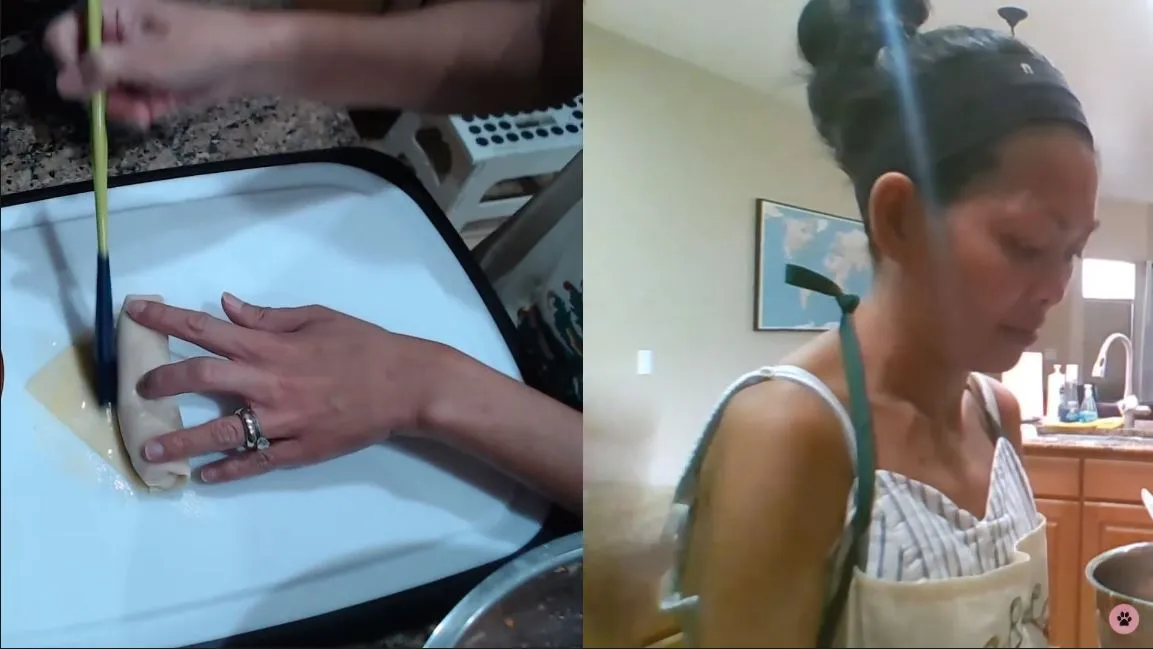 filipino lady rubbing egg wash on lumpia wrapper