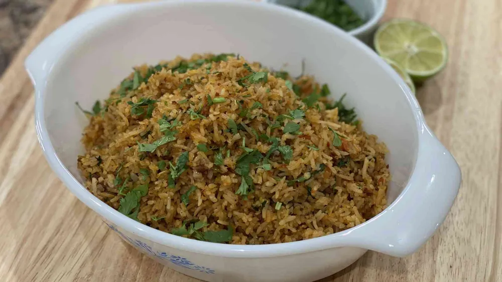 homemade spanish rice in a glass bowl