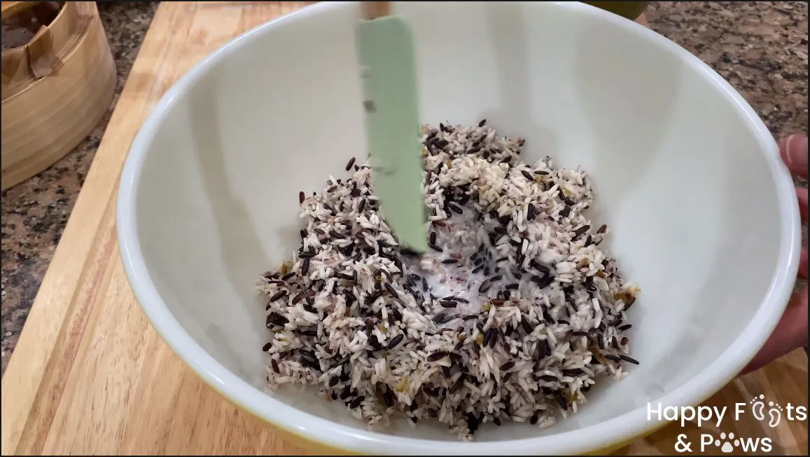 Mixing coconut milk with rice for puto maya
