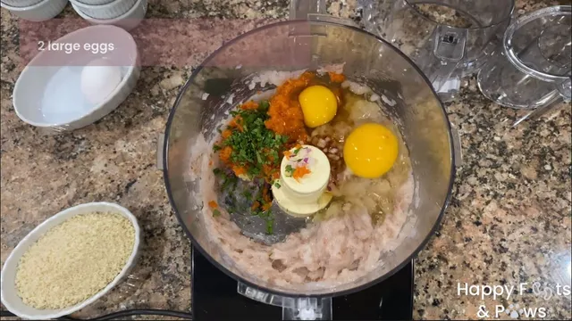 Eggs, carrots and ground shrimp in a food processor